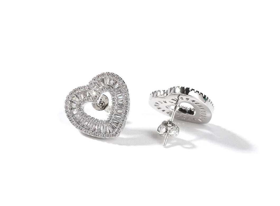 Silver princess heart baguette studs