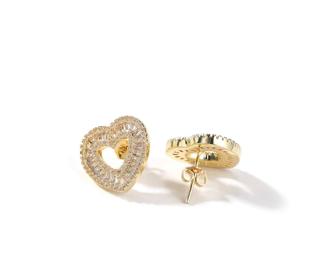 Gold Princess cut heart baguette studs
