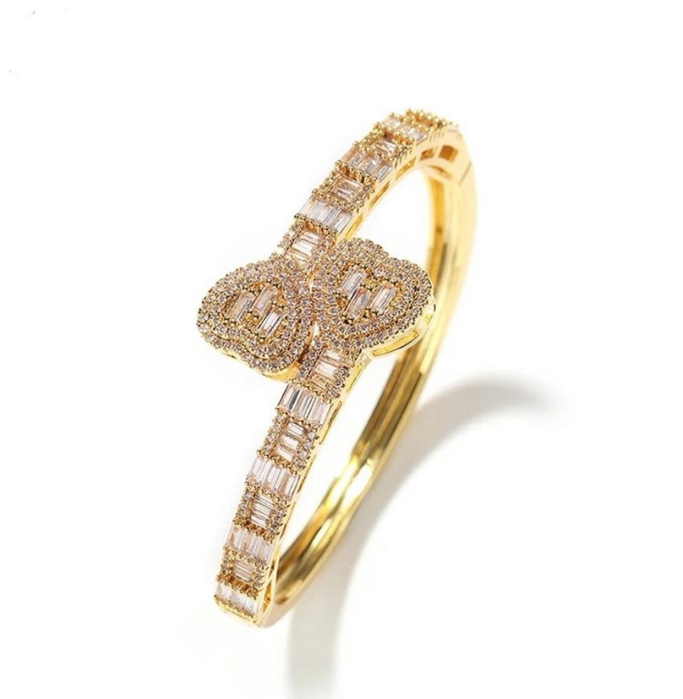 Gold cross over heart bangle bracelet