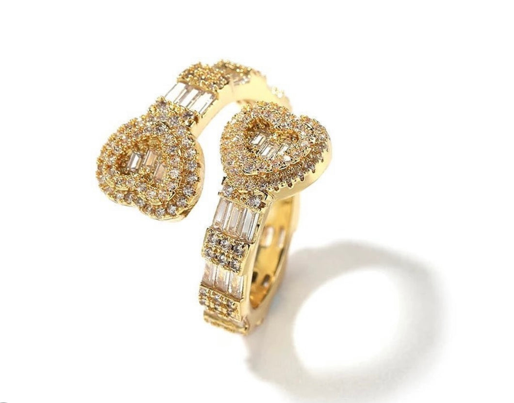 Gold heart cross over ring