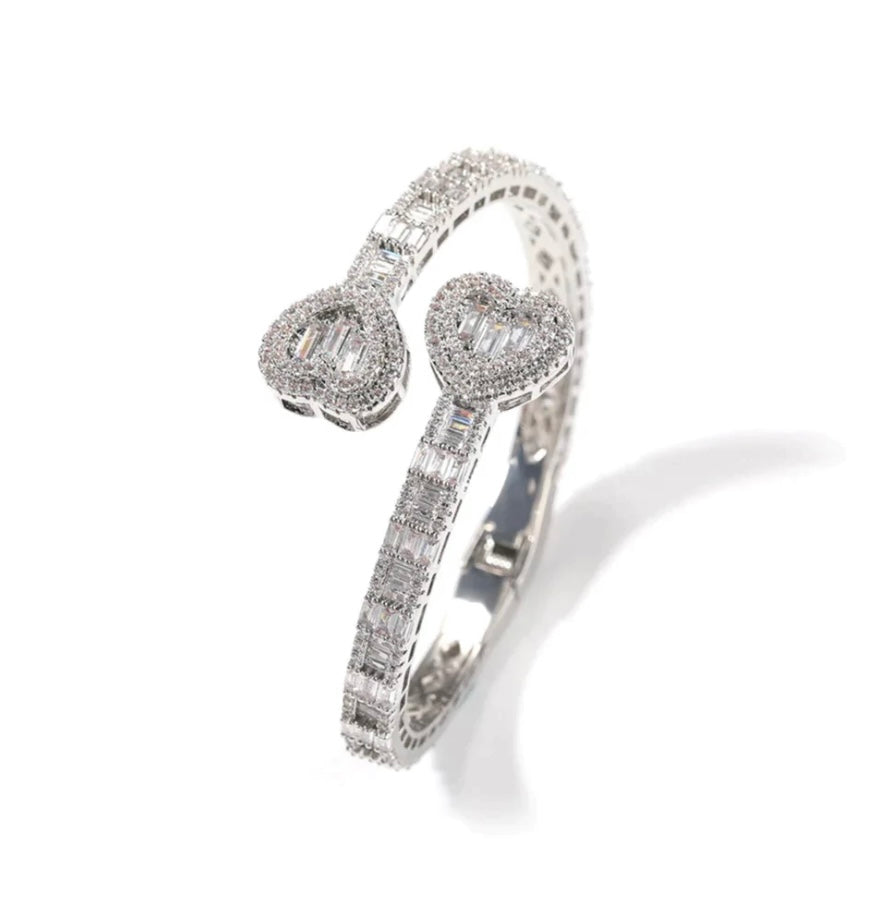 Silver crossover Heart baguette cuff bracelet